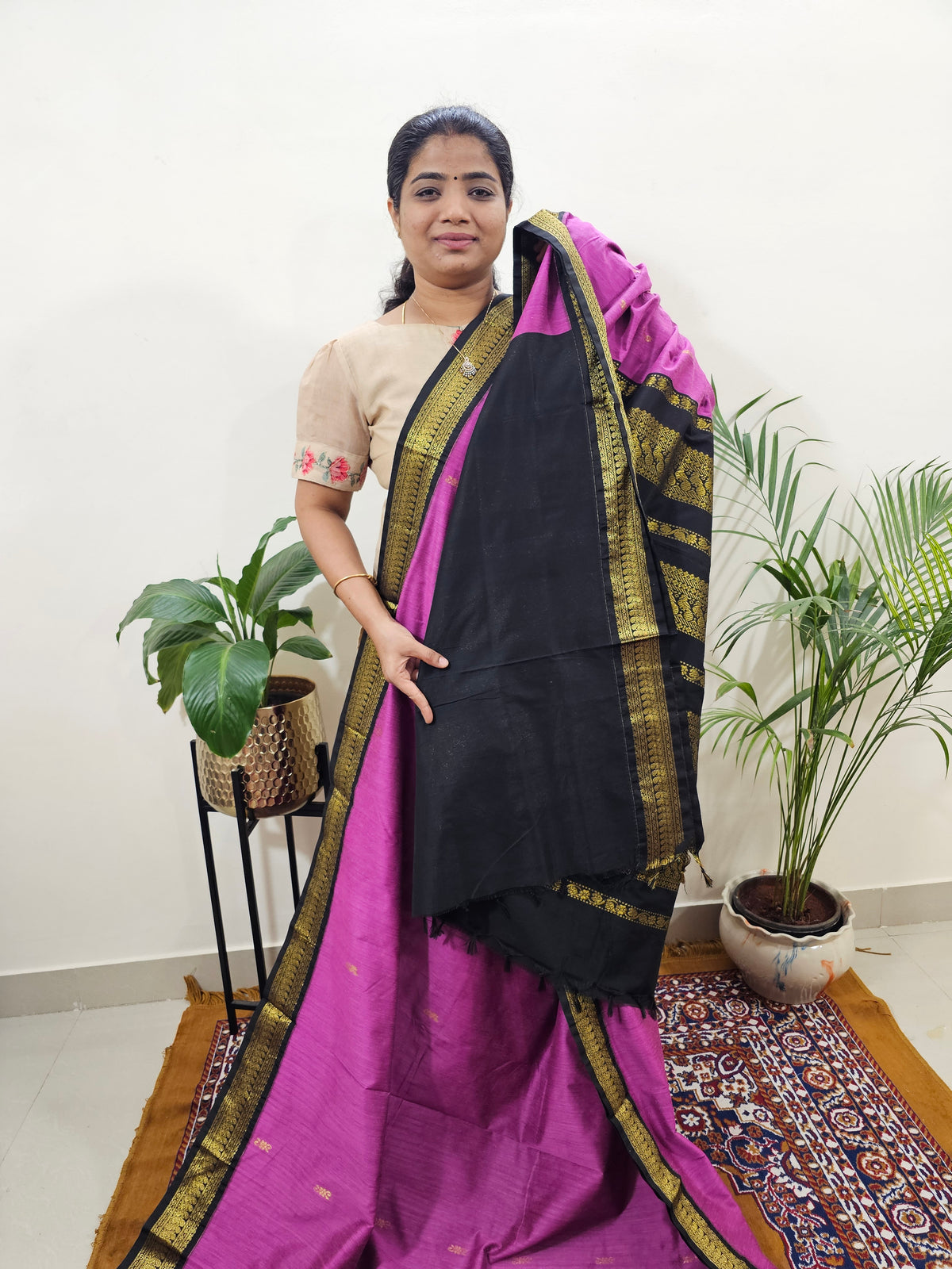 Kalayani Soft Cotton Saree with Borders - Purple with Black