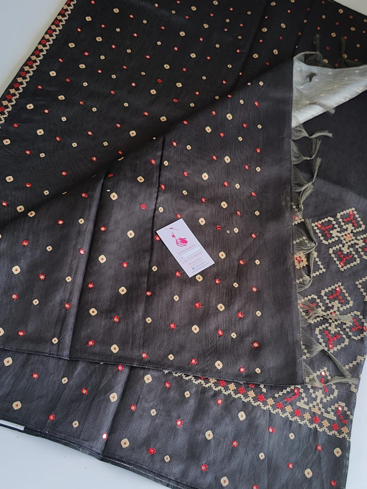 Semi Tussar Mirror Work & Embroidery Saree - Black