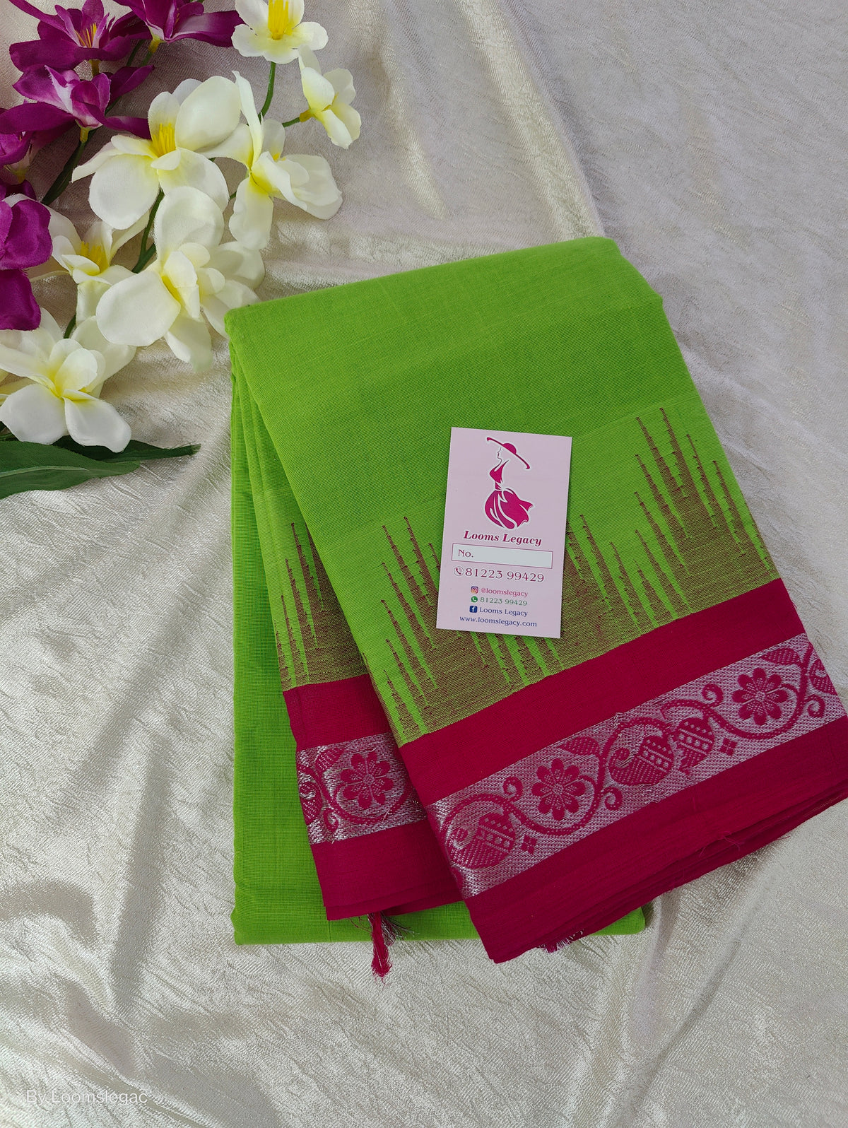 Thalampoo Korvai Cotton  - Paroot Green with Pink