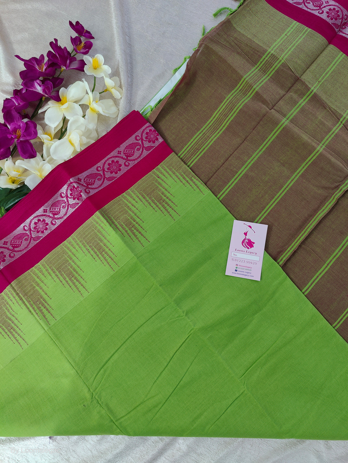 Thalampoo Korvai Cotton  - Paroot Green with Pink