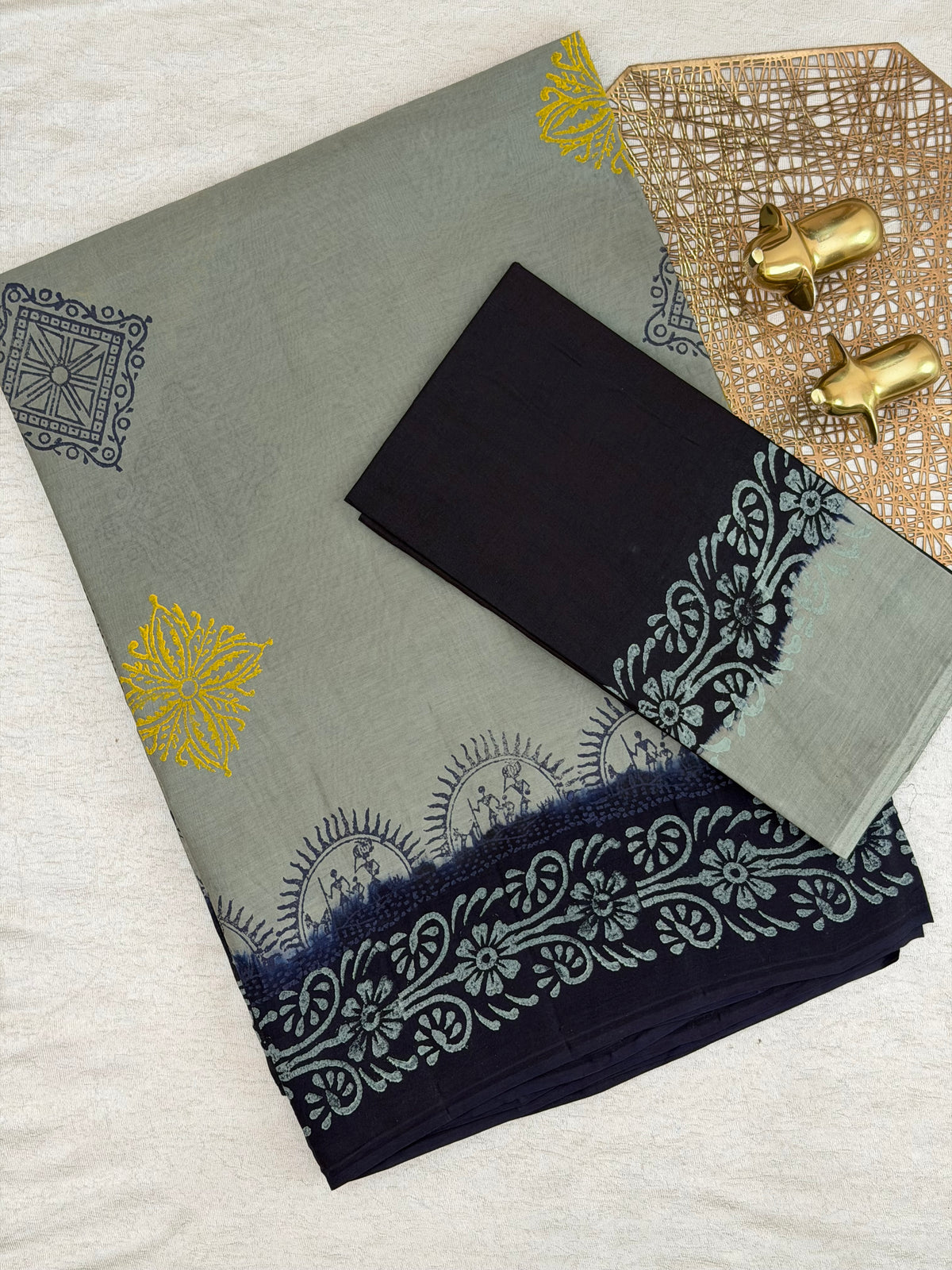 Pure Cotton with Hand Block Prints - Grey with Dark Blue
