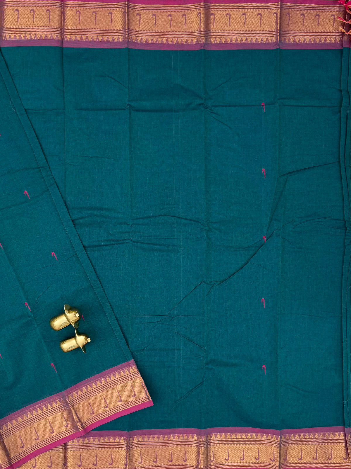 Chettinad Cotton Sarees - Peacock Blue with Pink