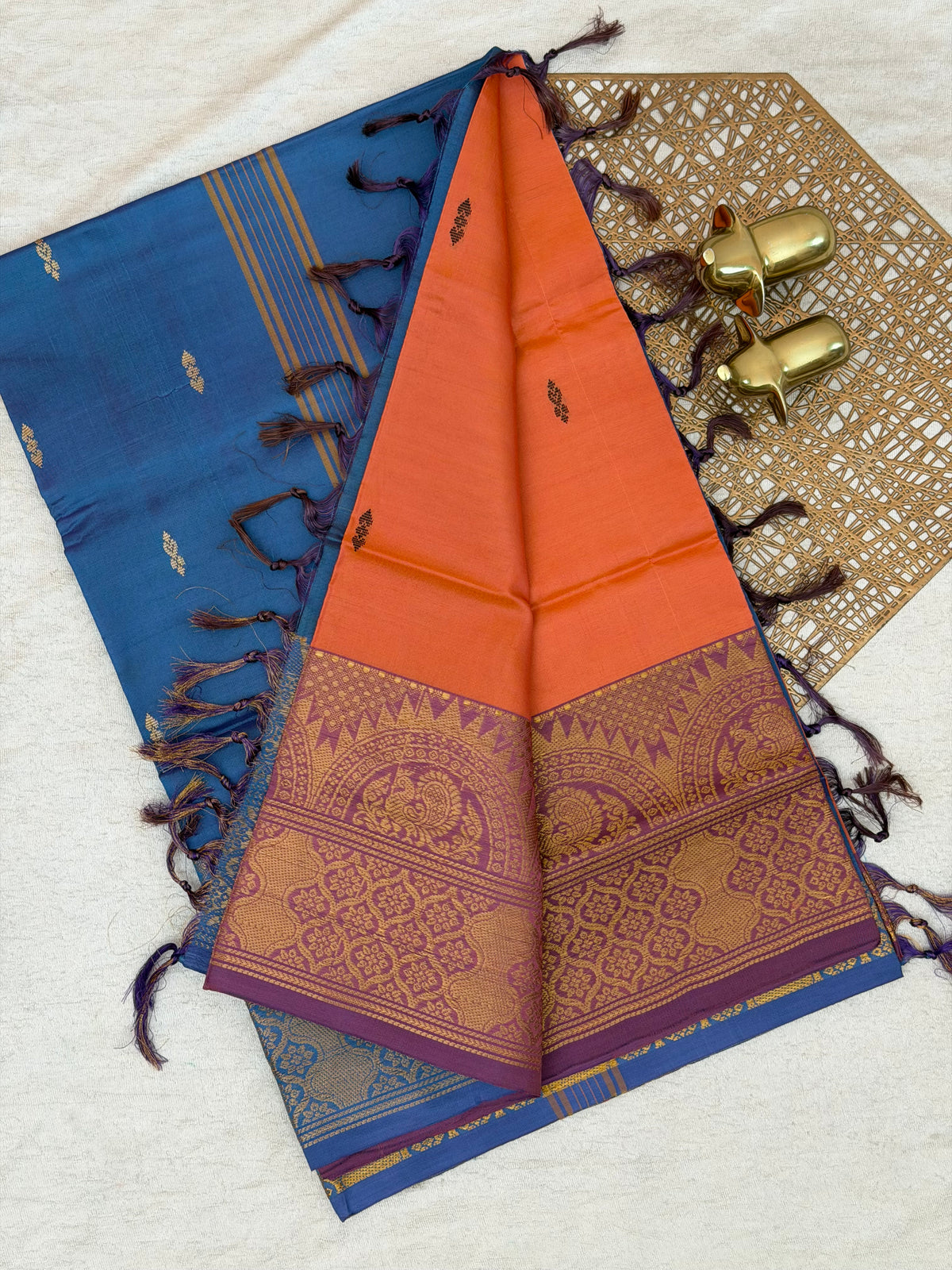 Dark Orange with Blue Chinnalampattu Big Border Saree