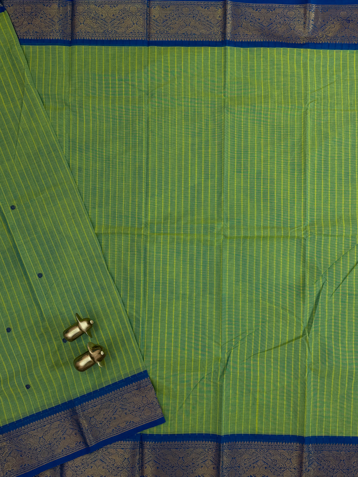 Chettinad Cotton Saree - Green with Blue Stripes