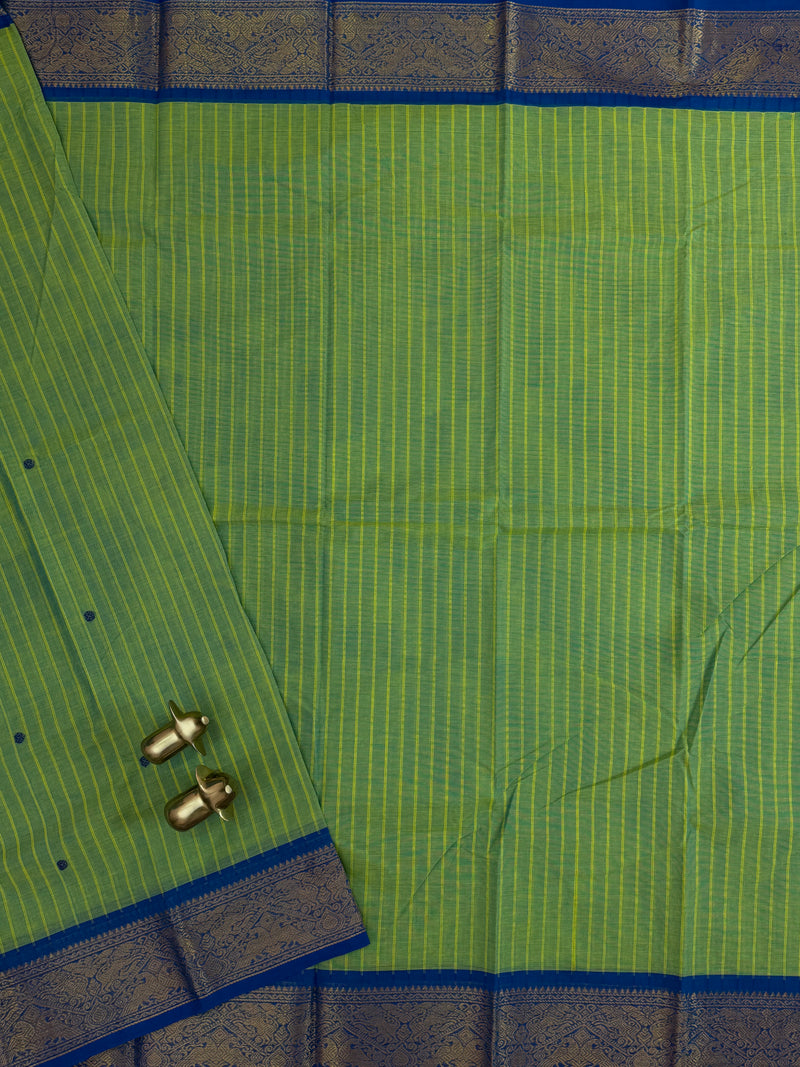 Chettinad Cotton Saree - Green with Blue Stripes