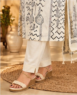 Premium 3 Pcs Mul Cotton Aline kurti with bottom and Dupatta - Cream with Black