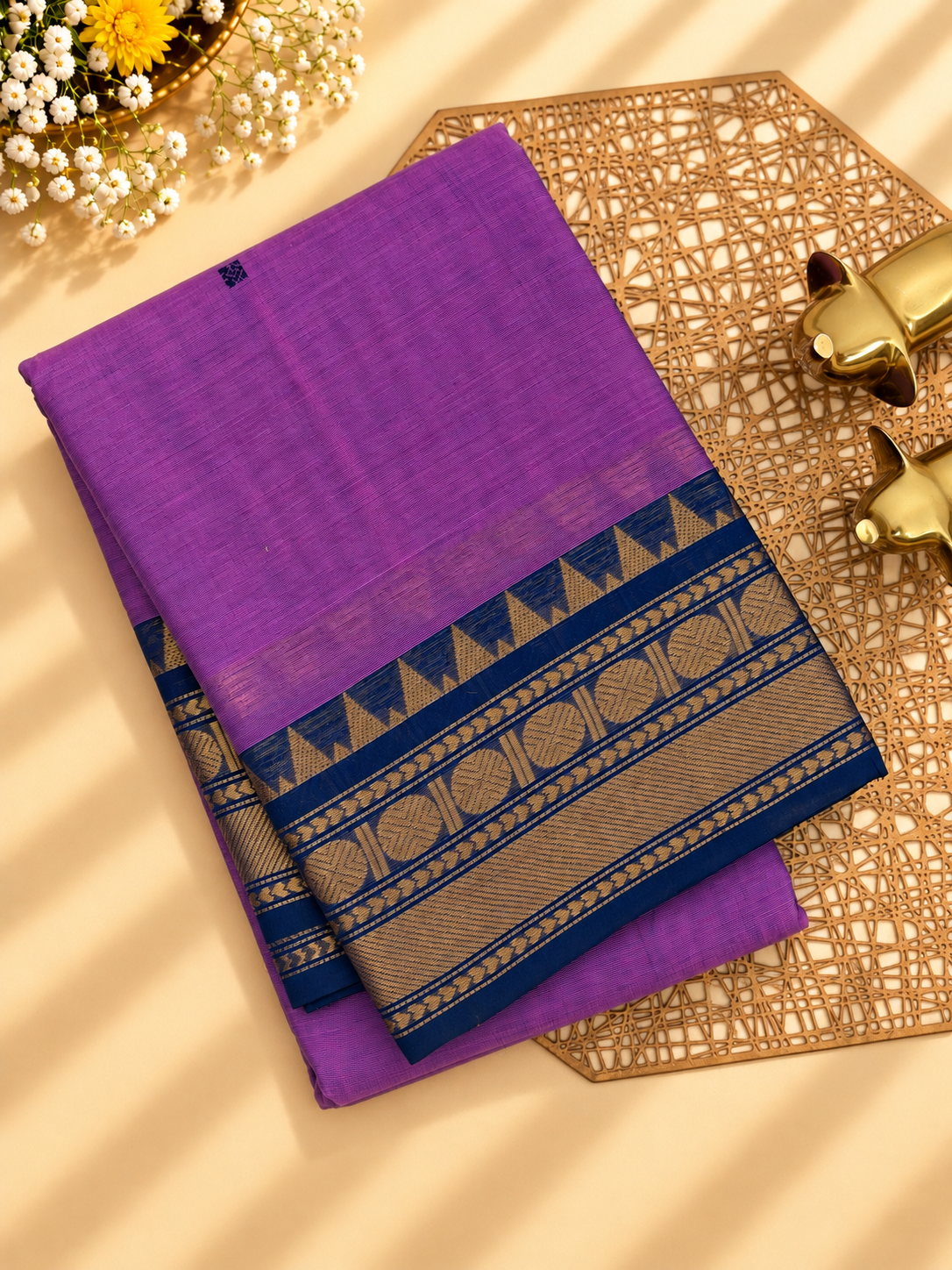 Chettinad Cotton Sarees - Purple  with Navy Blue