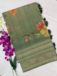 Unique Semi Tussar with Zari Border and Digital Prints - Green
