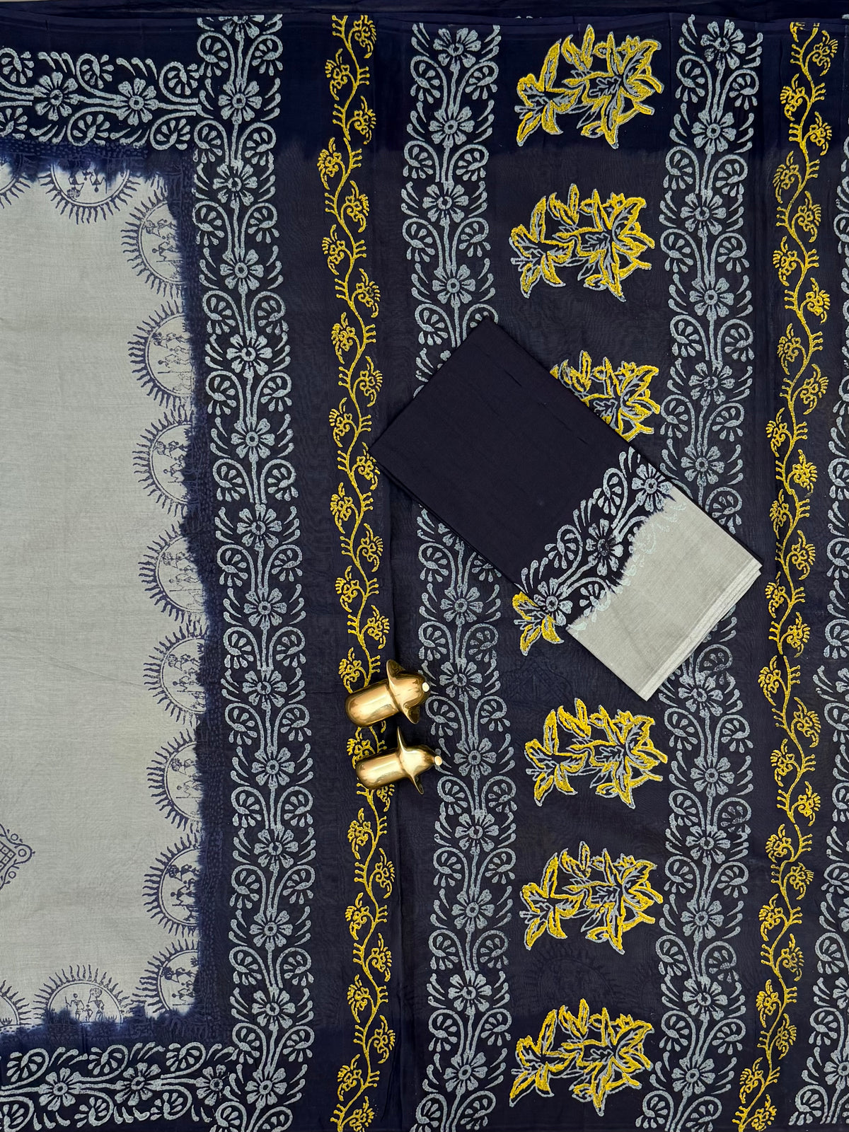Pure Cotton with Hand Block Prints - Grey with Dark Blue