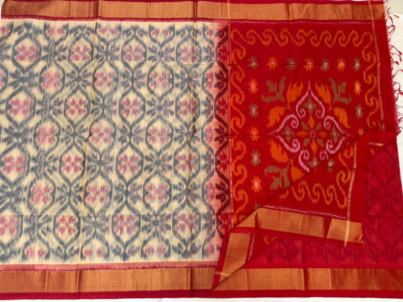 Cream with Red Pochampally Ikkat Silk Cotton (SICO Pattu)