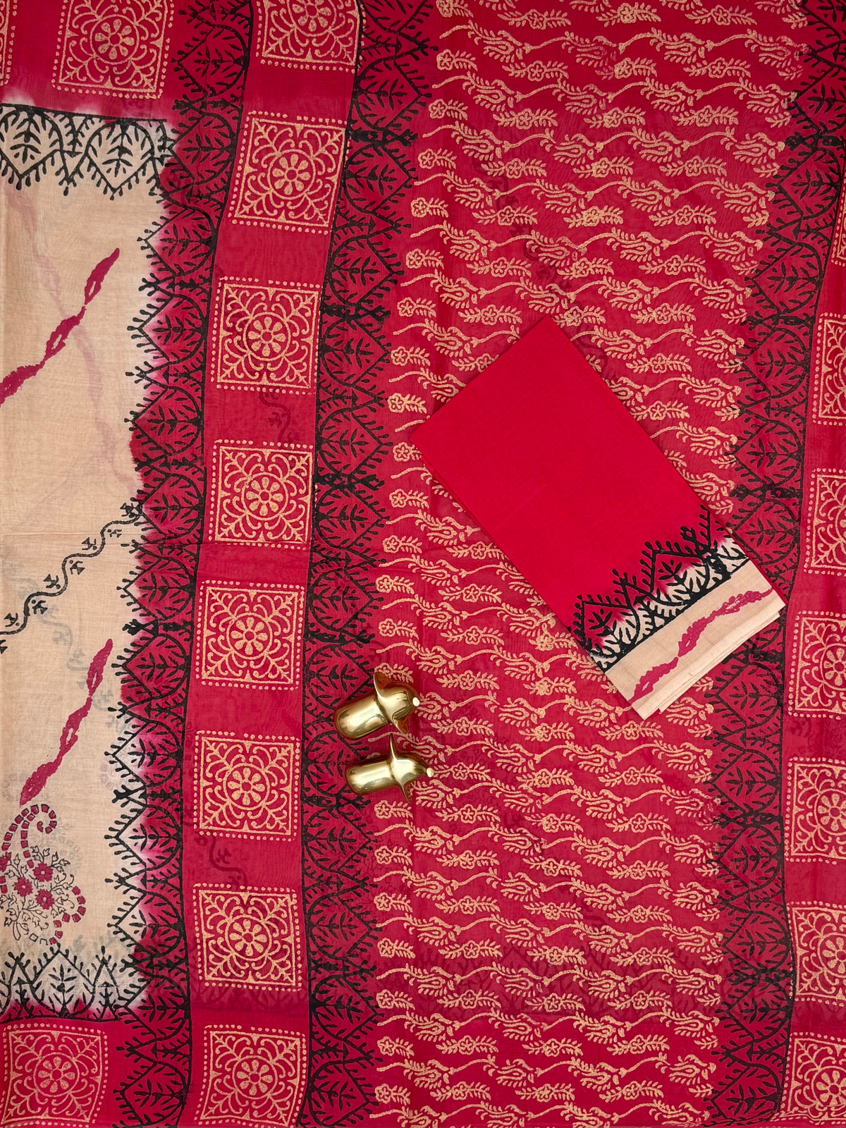 Pure Cotton with Hand Block Prints - Beige with Red