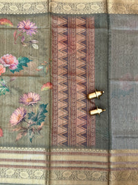 Unique Semi Tussar with Zari Border and Digital Prints - Green