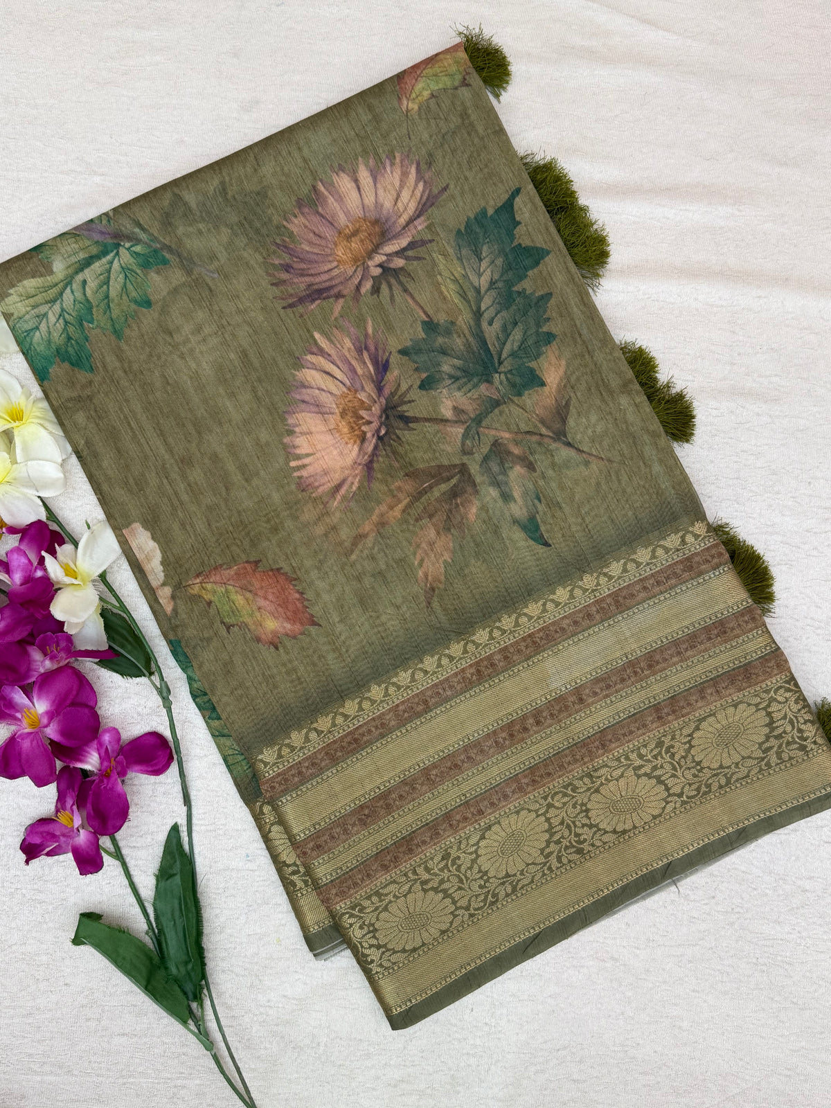 Unique Semi Tussar with Zari Border and Digital Prints - Green
