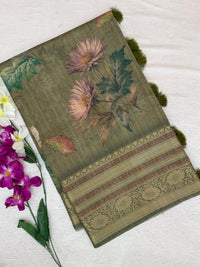 Unique Semi Tussar with Zari Border and Digital Prints - Green