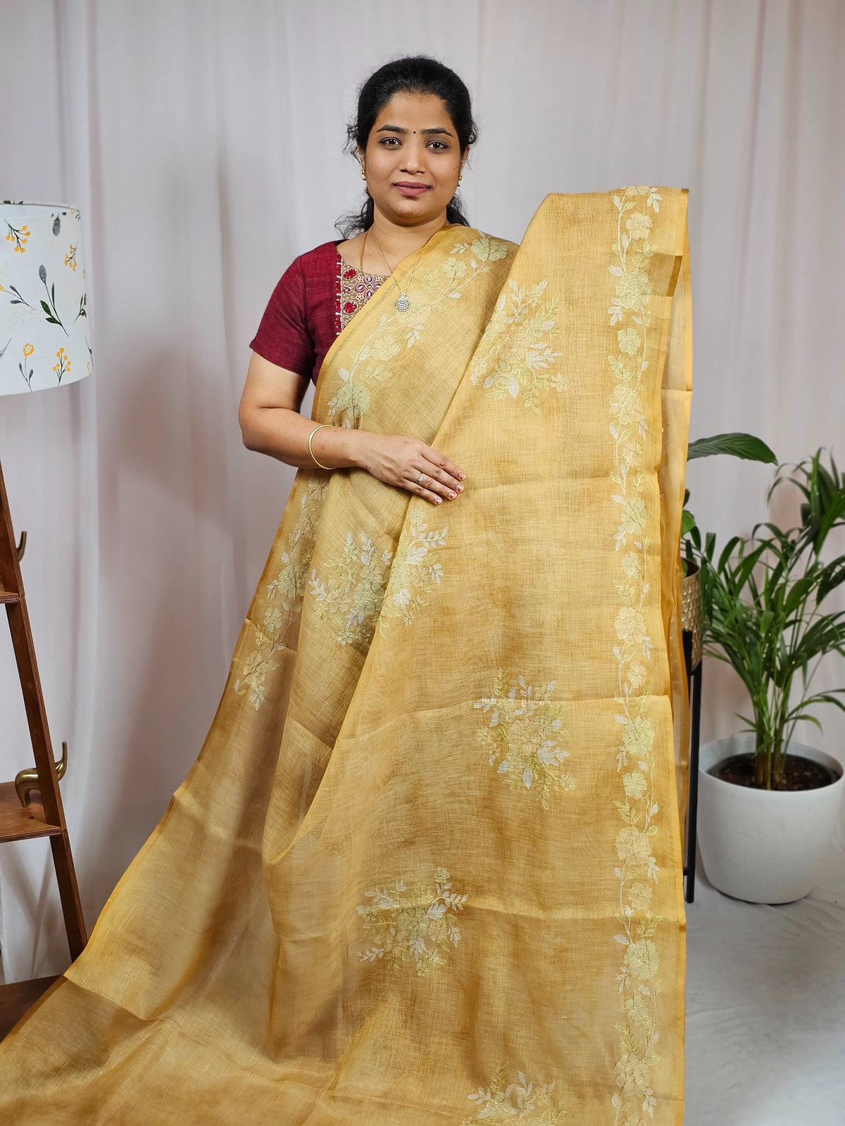 Linen Tissue with Aari Work - Mustard Yellow