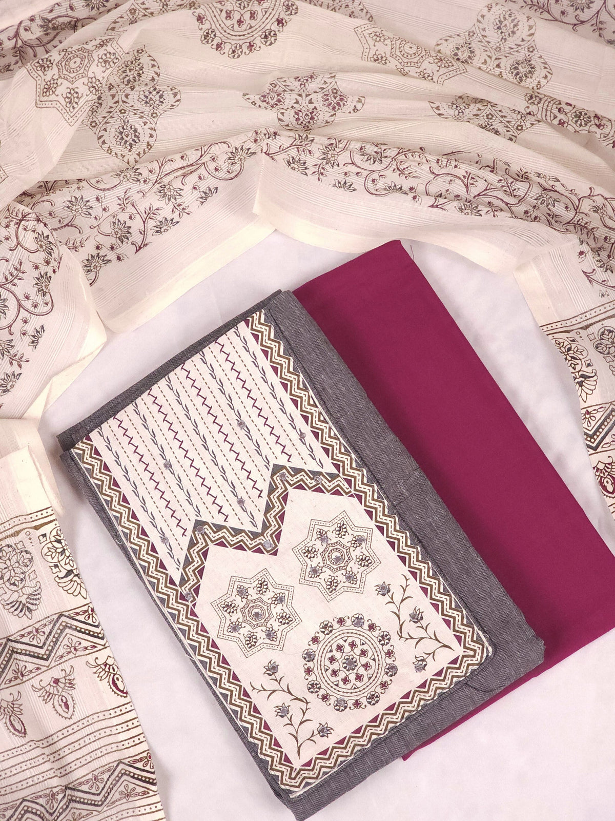 Cotton Unstitched Salwar - Grey with Magenta Pink