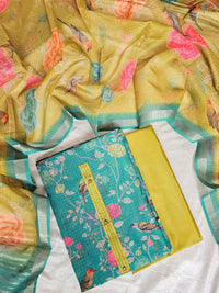 Semi Tussar Kota Weaving Unstitched Salwar - Rama Green with Green