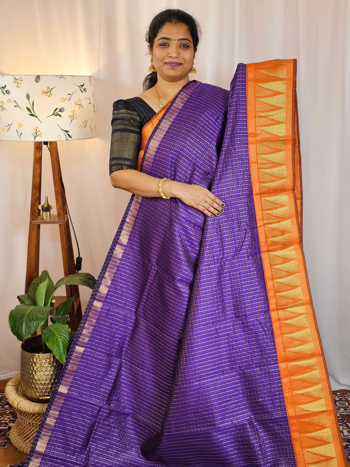 Semi Raw Silk Saree - Purple with Orange