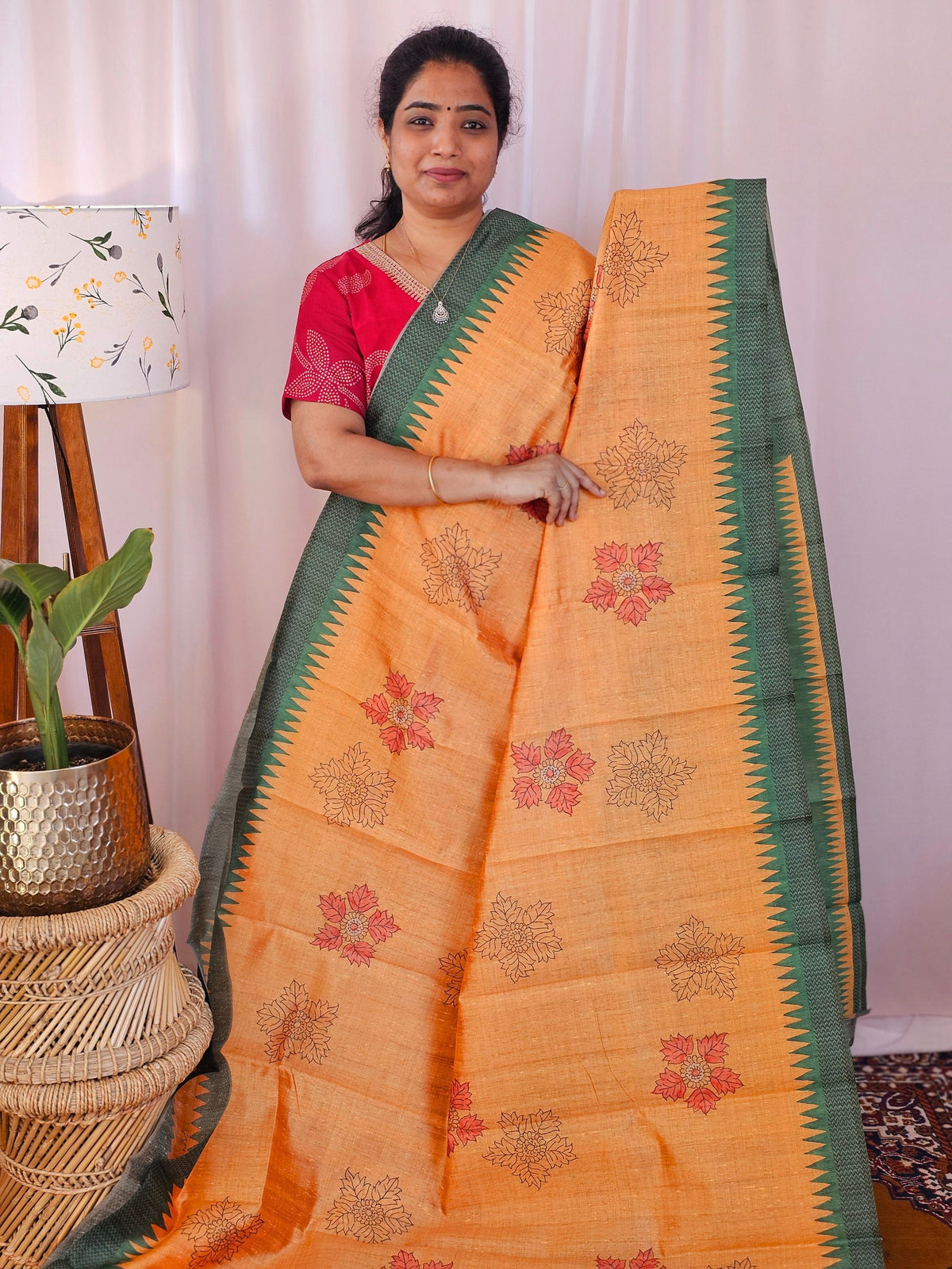 Premium Soft Semi Tussar with Digital Prints - Orange with Green