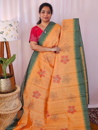 Premium Soft Semi Tussar with Digital Prints - Orange with Green
