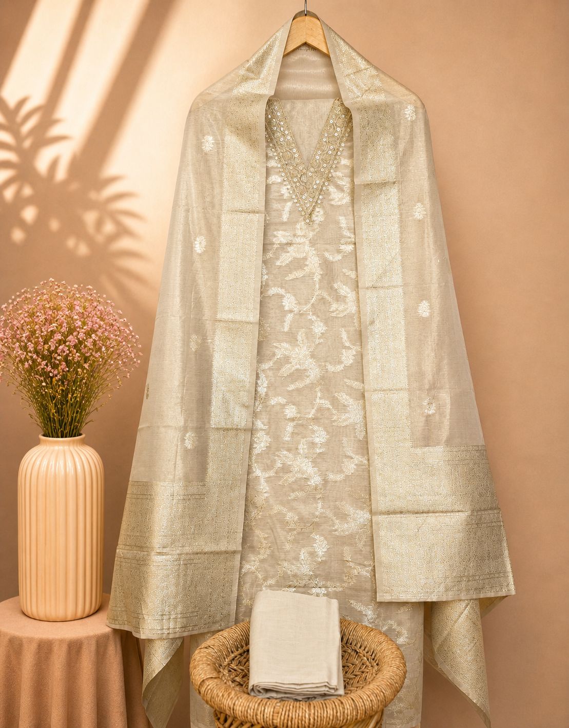 Banarasi Tissue Silk Unstitched Salwar Set – Cream