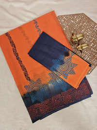 Pure Cotton with Hand Block Prints - Orange with Dark Grey