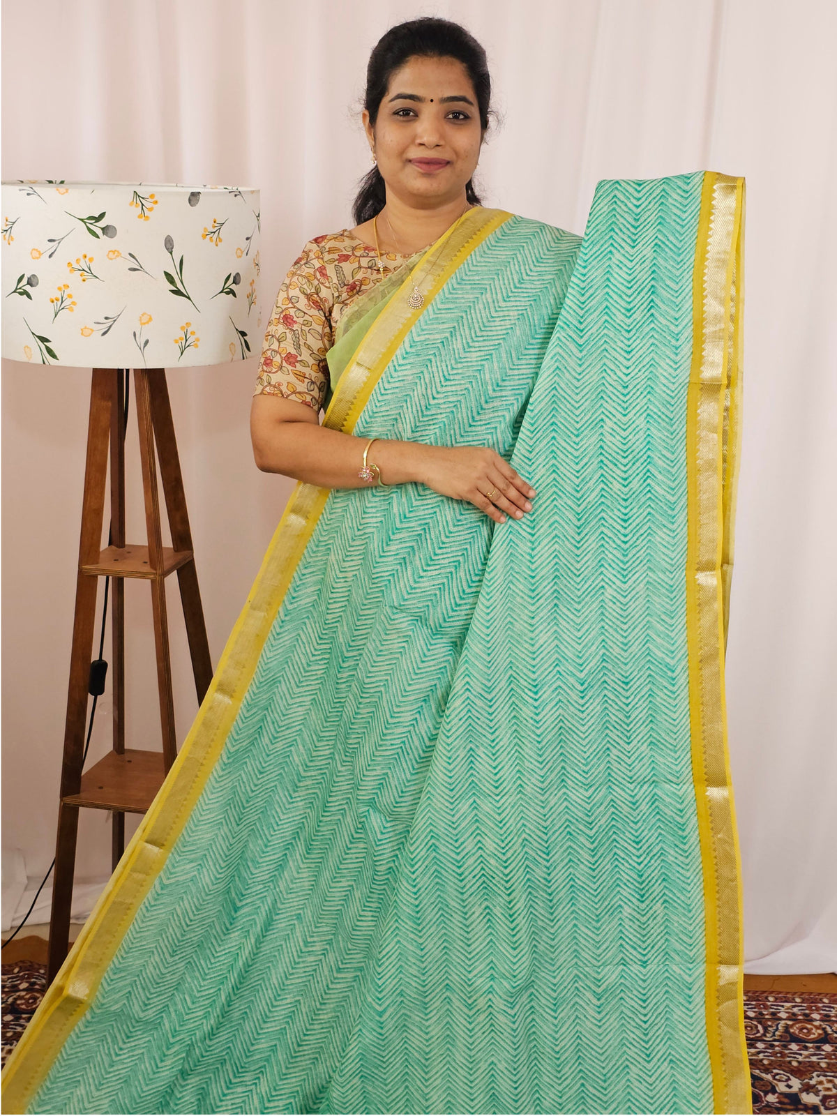 Handwoven Mangalagiri Pattu Saree with Digital Prints  - Green with Yellow