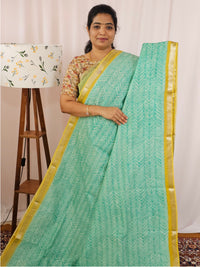 Handwoven Mangalagiri Pattu Saree with Digital Prints  - Green with Yellow