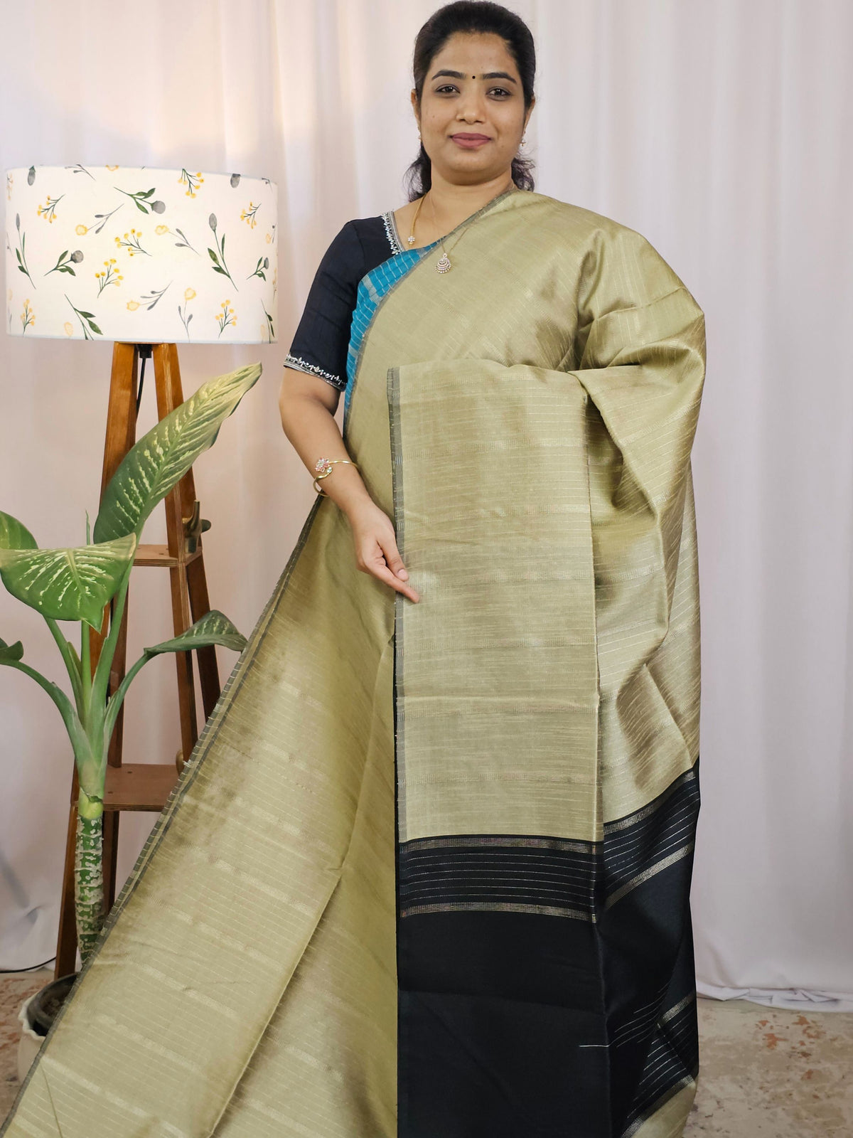 Semi Raw Silk - Beige with Black