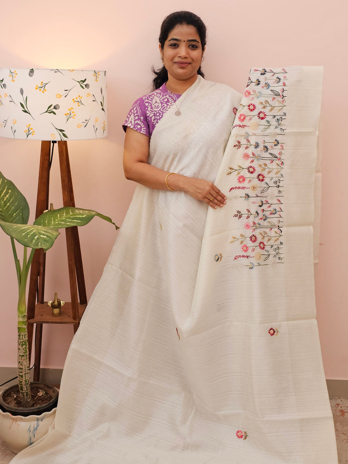 Premium Soft Linen Tissue with Hand Emboridery - White