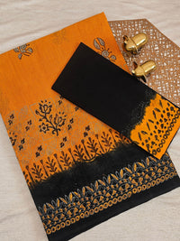 Pure Cotton with Checks Hand Block Prints - Orange with Black