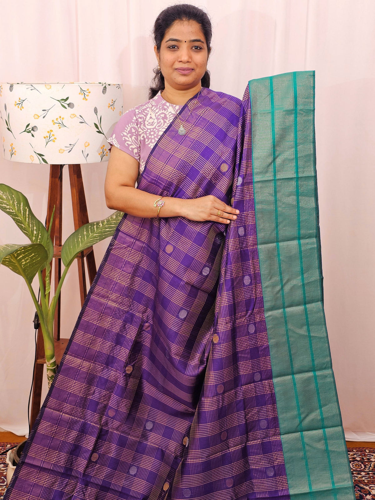 Semi Raw Silk Saree - Purple with Blue