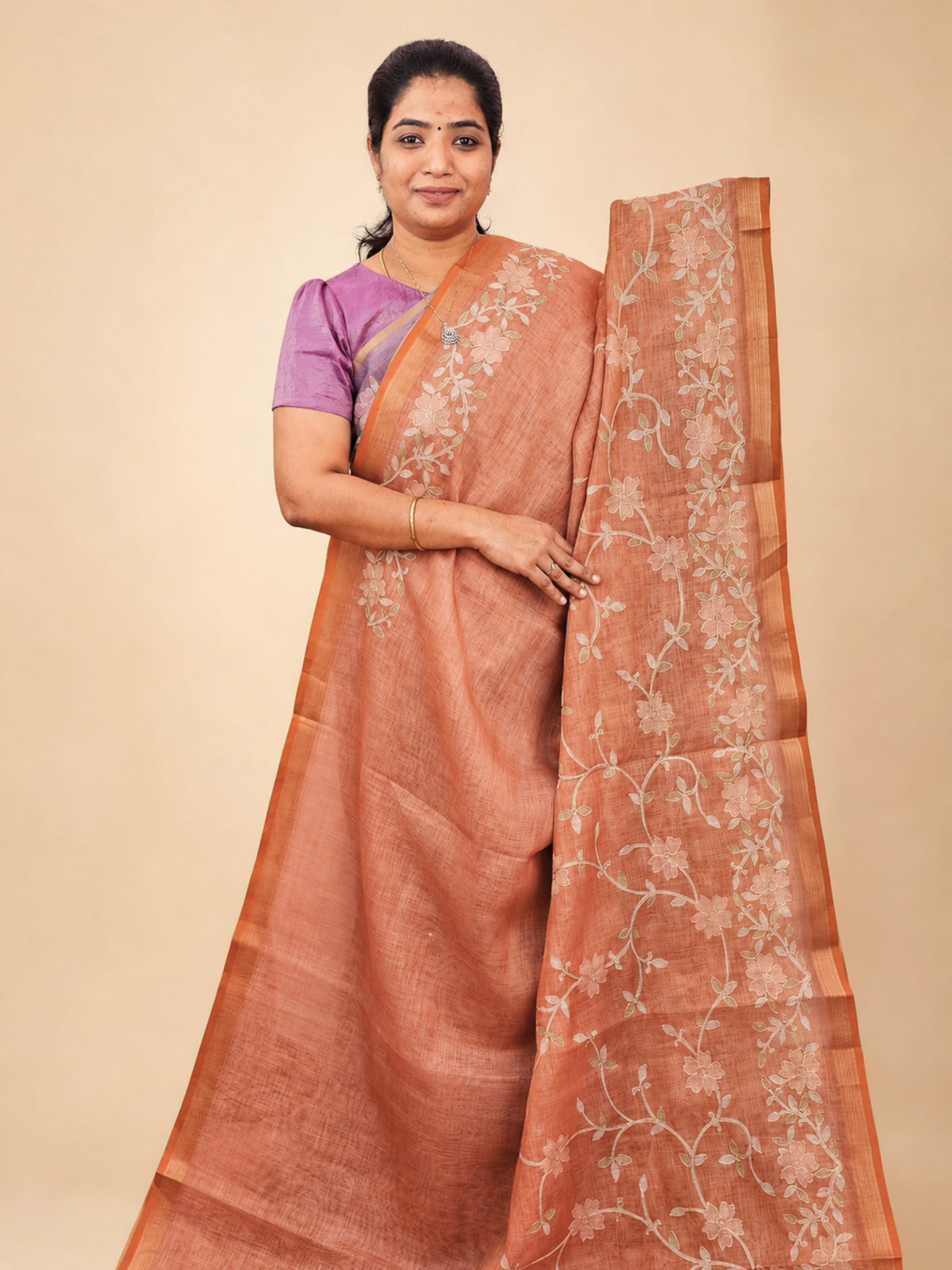Linen Tissue with Aari Work - Orange