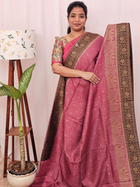 Jute Banarasi Silk Saree - Onion Pink with Brown