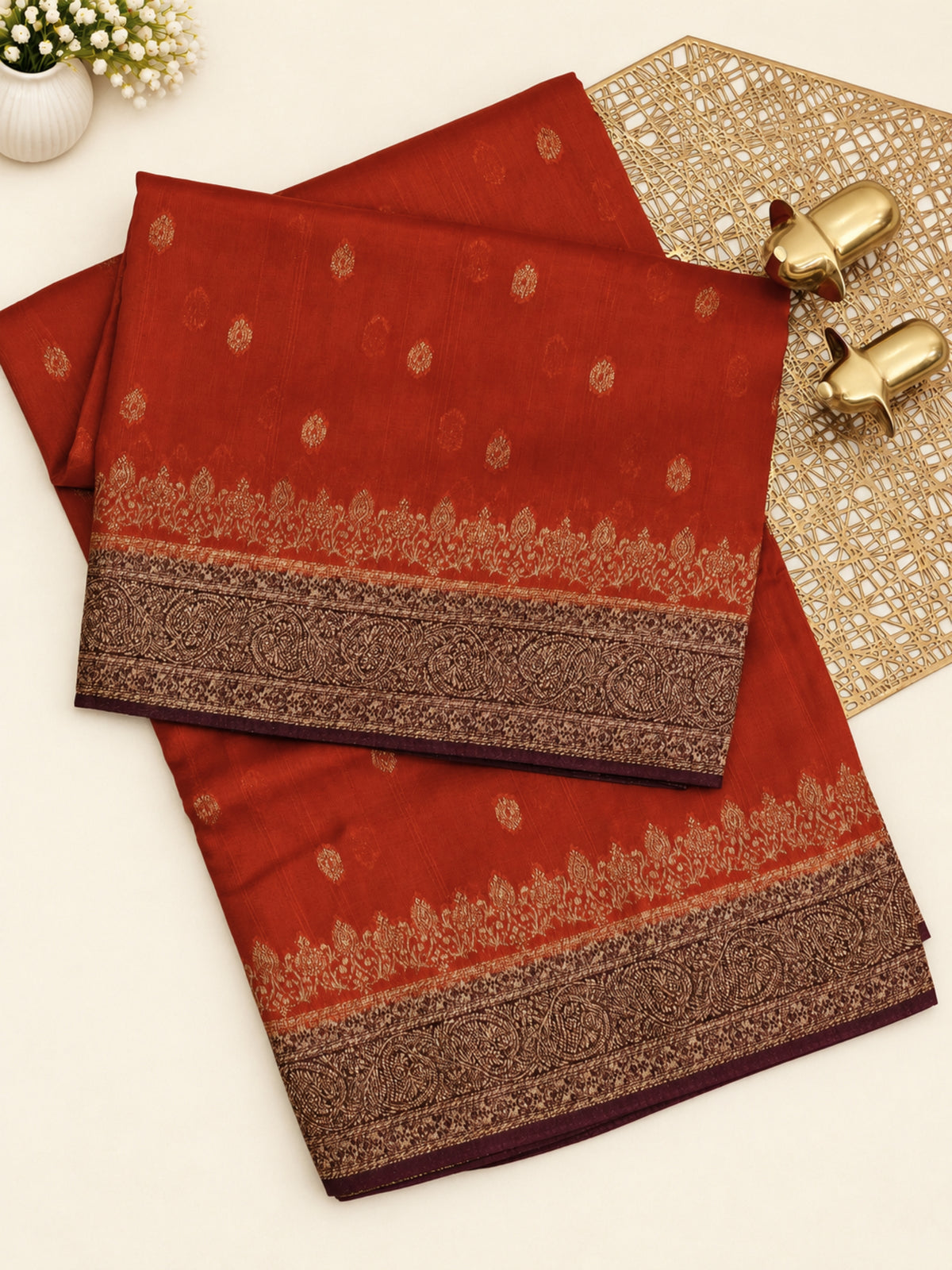 Jute Banarasi Silk Saree - Rust Orange with Brown