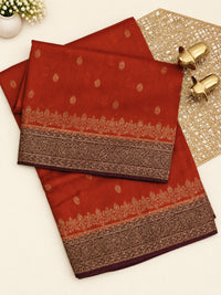 Jute Banarasi Silk Saree - Rust Orange with Brown