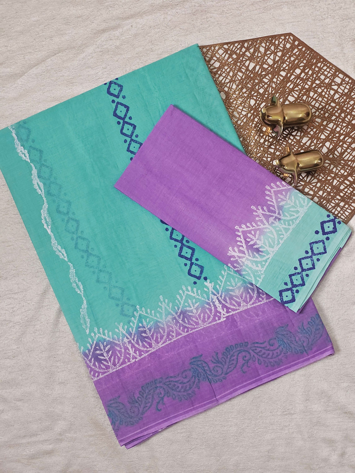 Pure Cotton with Hand Block Prints - Sea Green with Purple