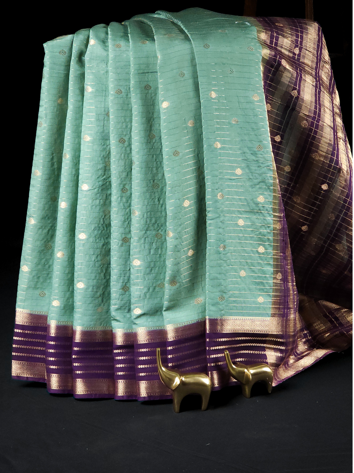 Georgette with Zari Woven Border Saree - Sea Green with Purple