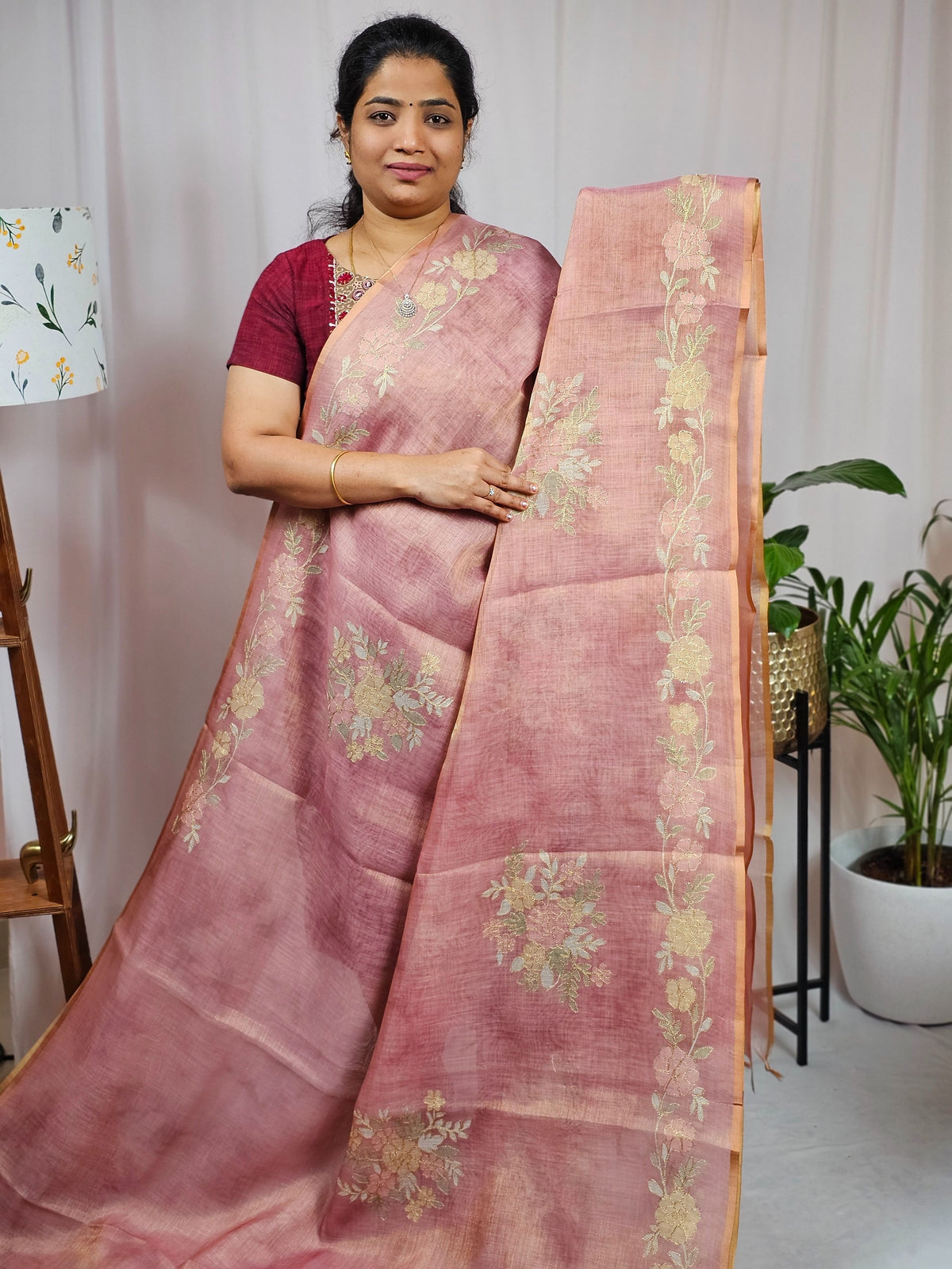 Linen Tissue with Aari Work - Pink