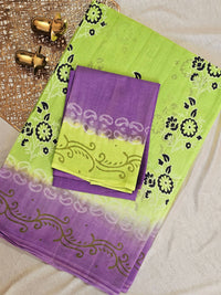 Pure Cotton with Hand Block Prints - Parrot Green with Purple
