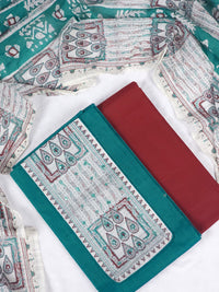 Cotton Unstitched Salwar - Peacock Green with Maroon