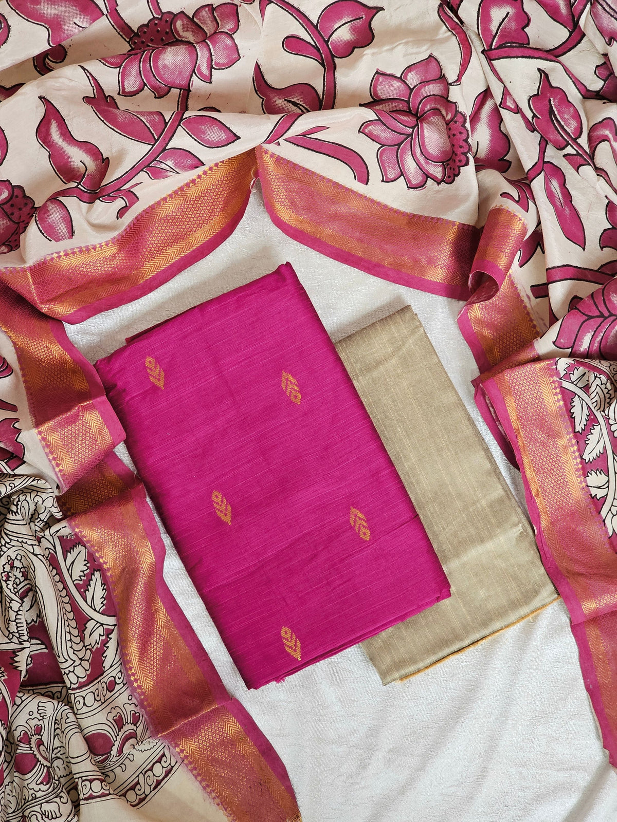 Raw Silk Unstitched Salwar - Pink with Beige
