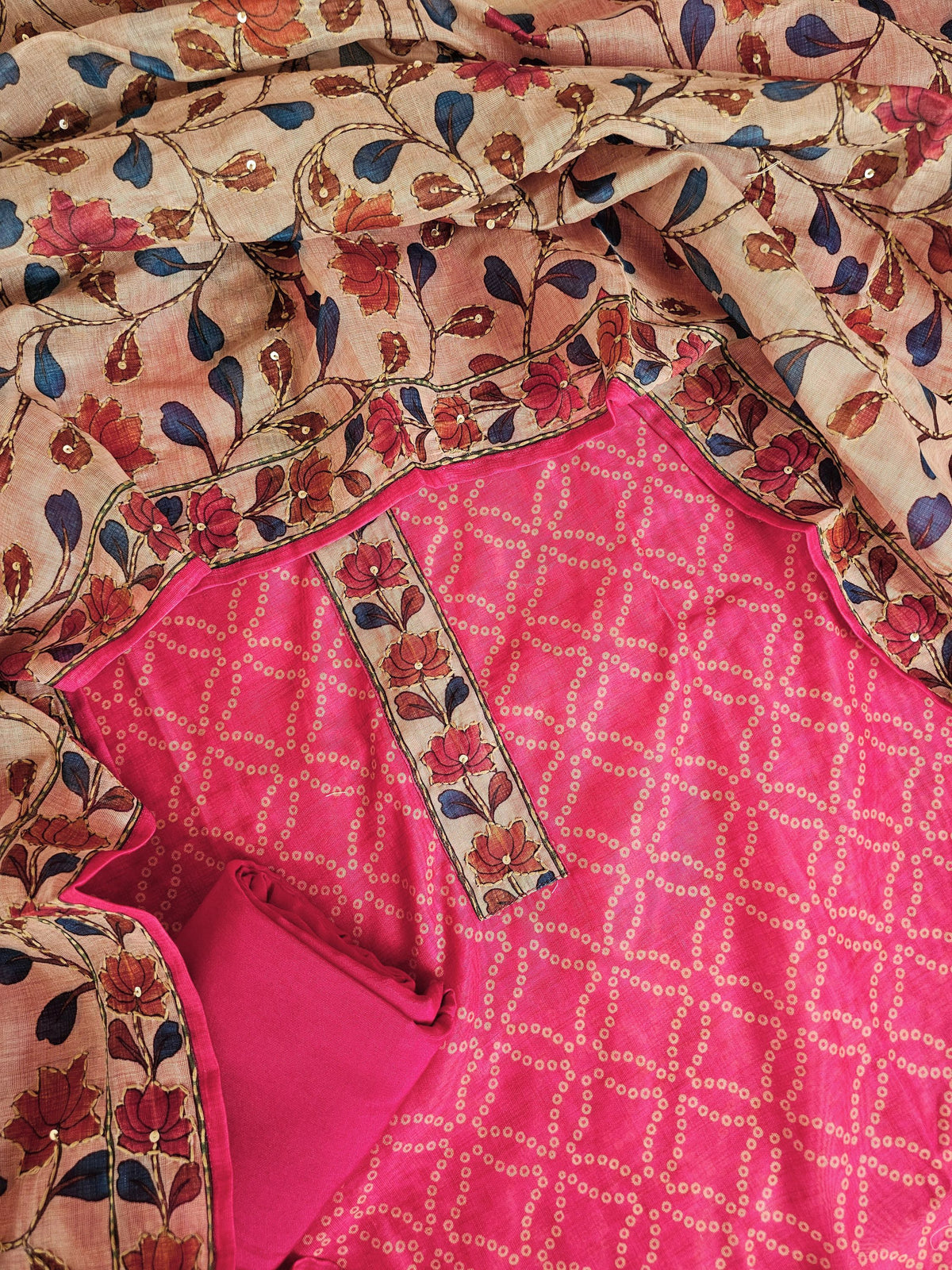 Chanderi with Kantha Unstitched Salwar Suit - Pink