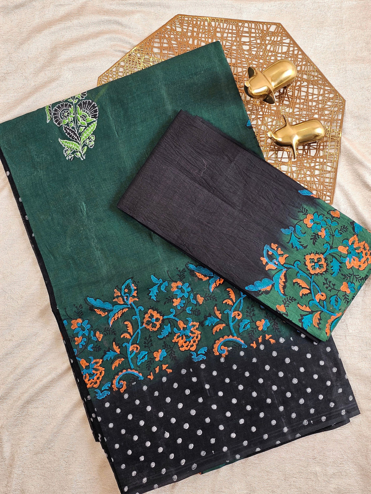 Pure Cotton with Hand Block Prints - Dark Green with Black