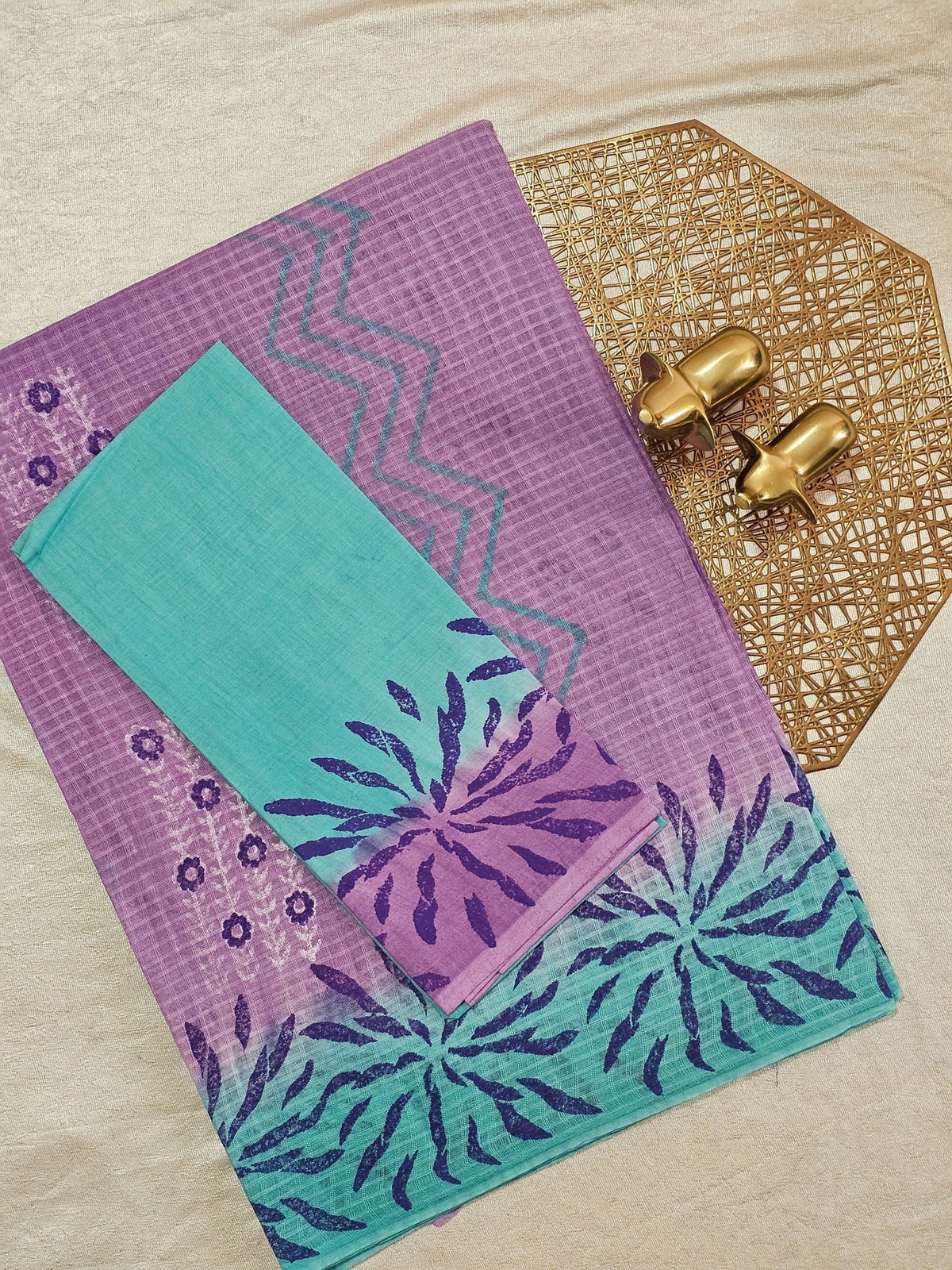 Pure Cotton with Checks Hand Block Prints - Purple with Sea Green