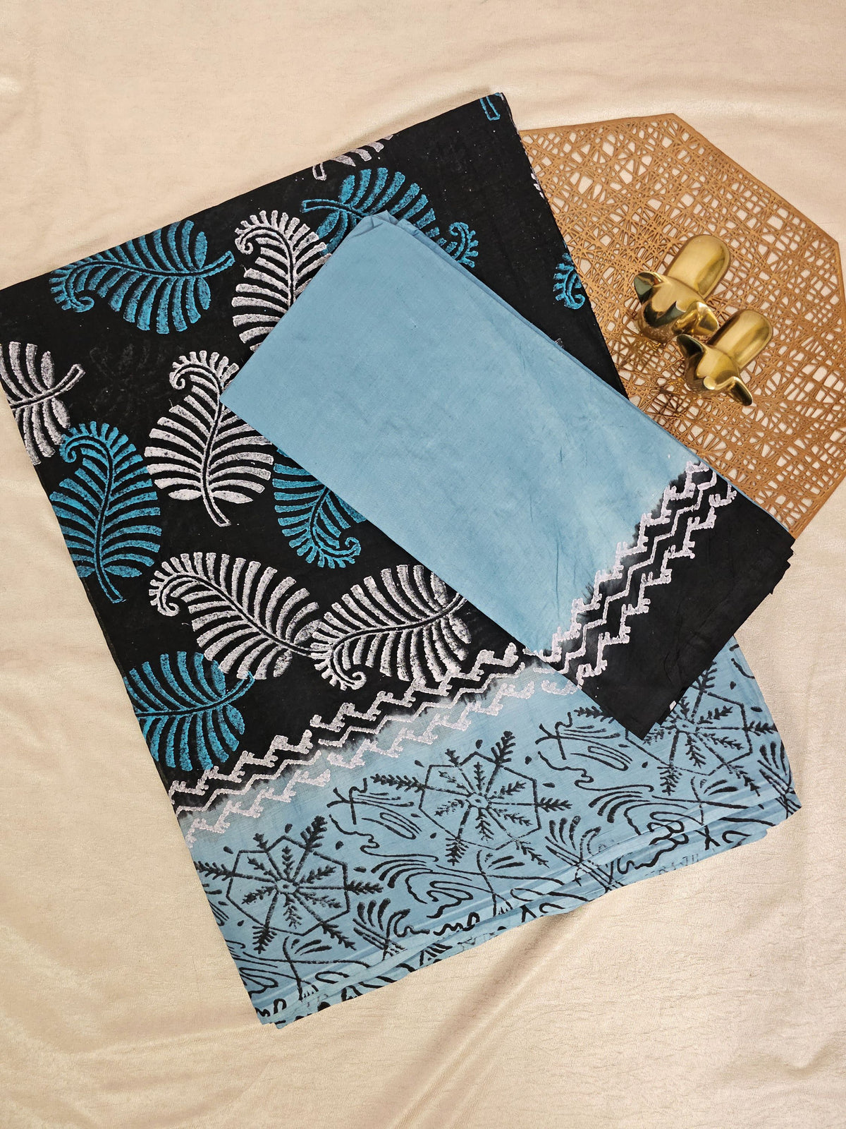 Pure Cotton with Hand Block Prints - Black with Blue