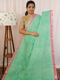 Handwoven Mangalagiri Pattu Saree with Digital Prints  - Green with Pink