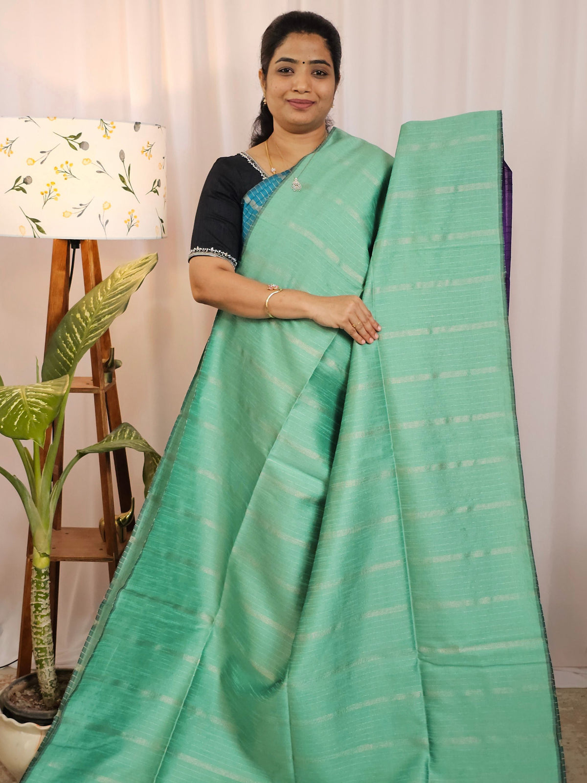 Semi Raw Silk -  Teel Green with Purple
