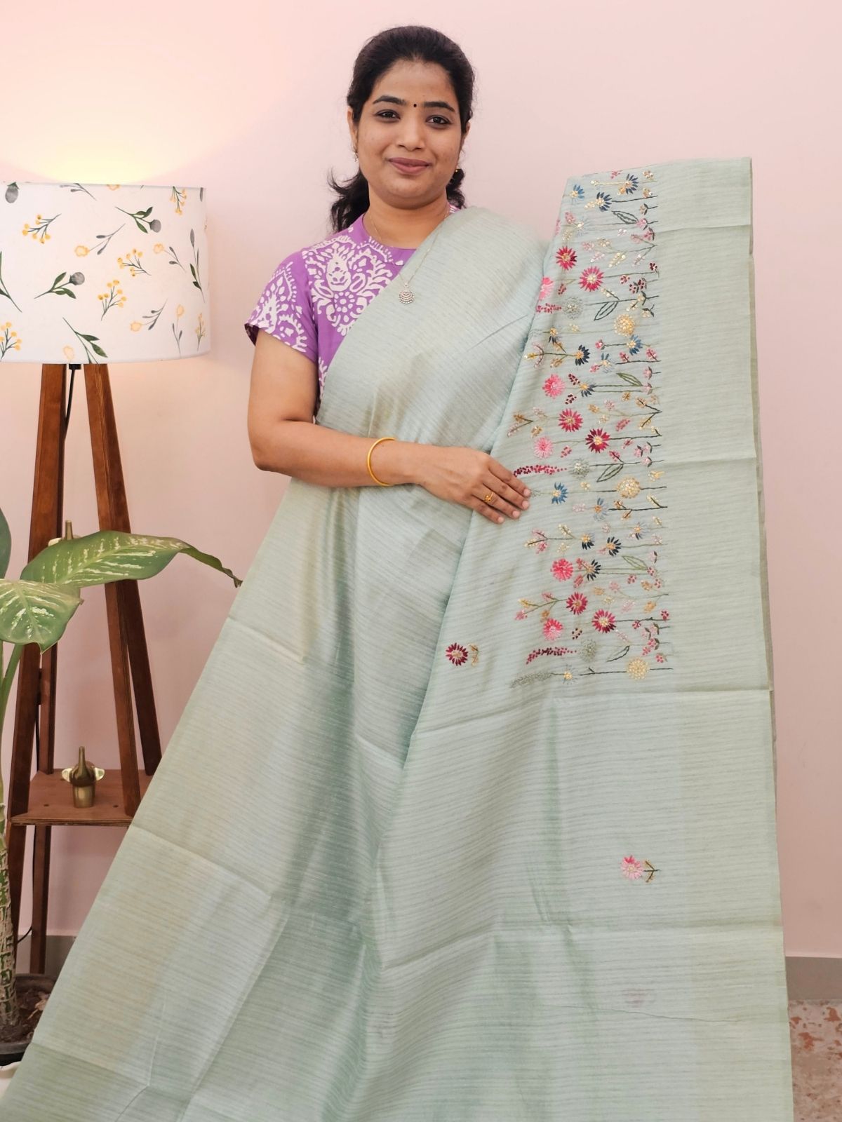 Premium Soft Linen Tissue with Hand Emboridery - Sea Green