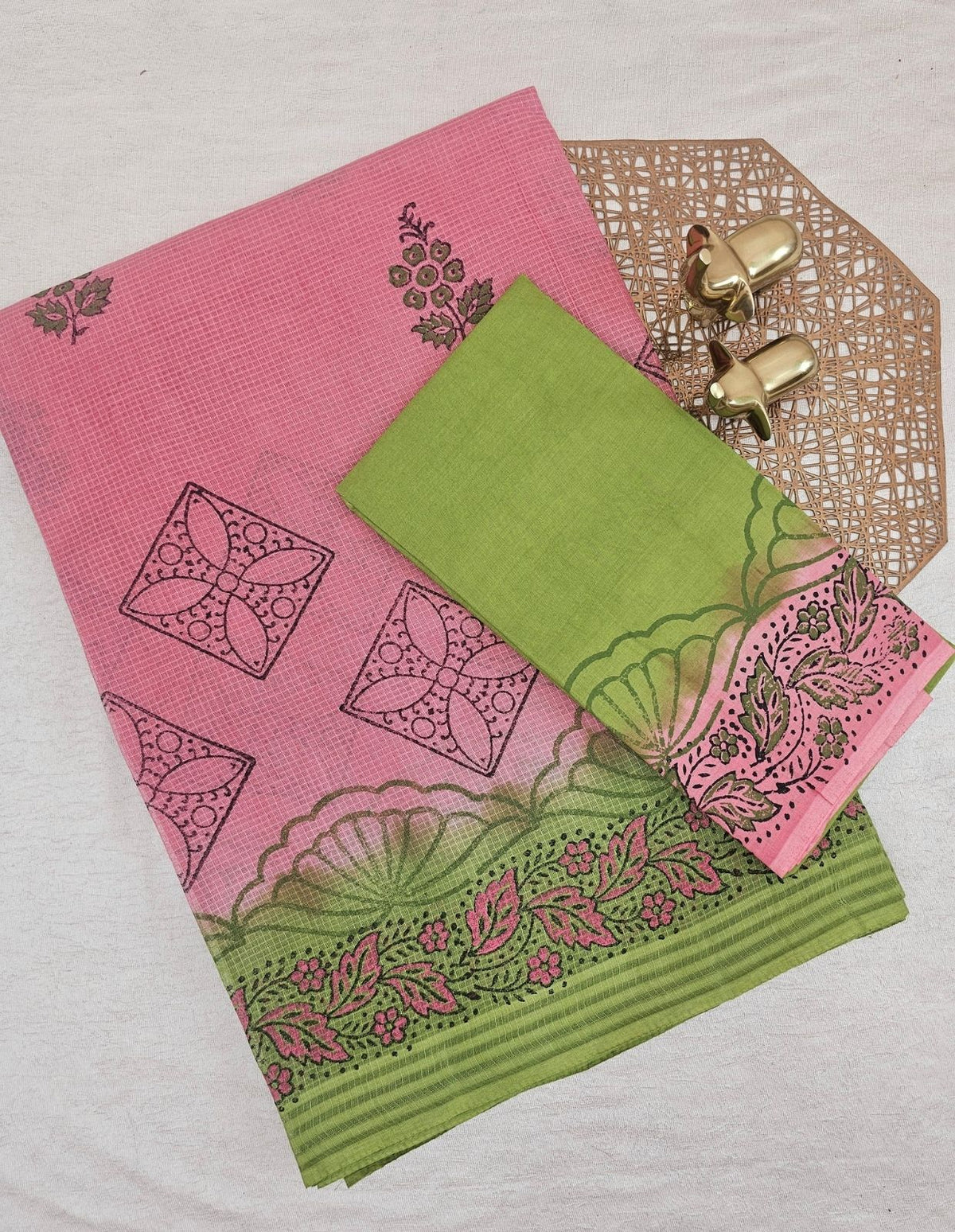 Pure Cotton with Checks Hand Block Prints - Onion Pink with Green